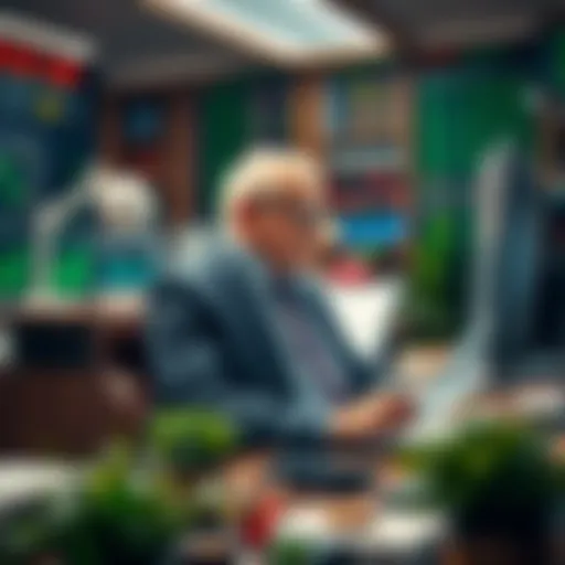 Warren Buffett: Master of Stock Analysis Warren Buffett at his desk analyzing stocks