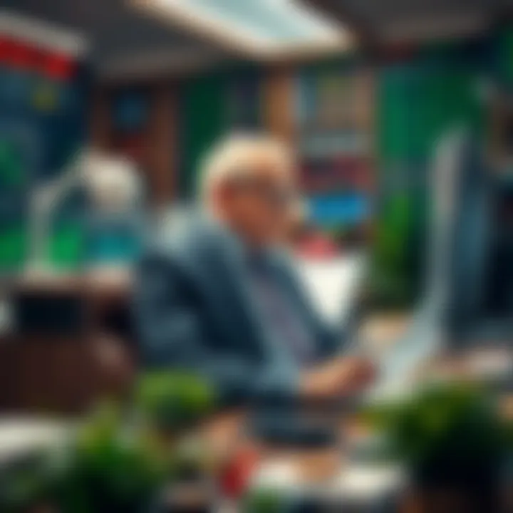 Warren Buffett: Master of Stock Analysis Warren Buffett at his desk analyzing stocks